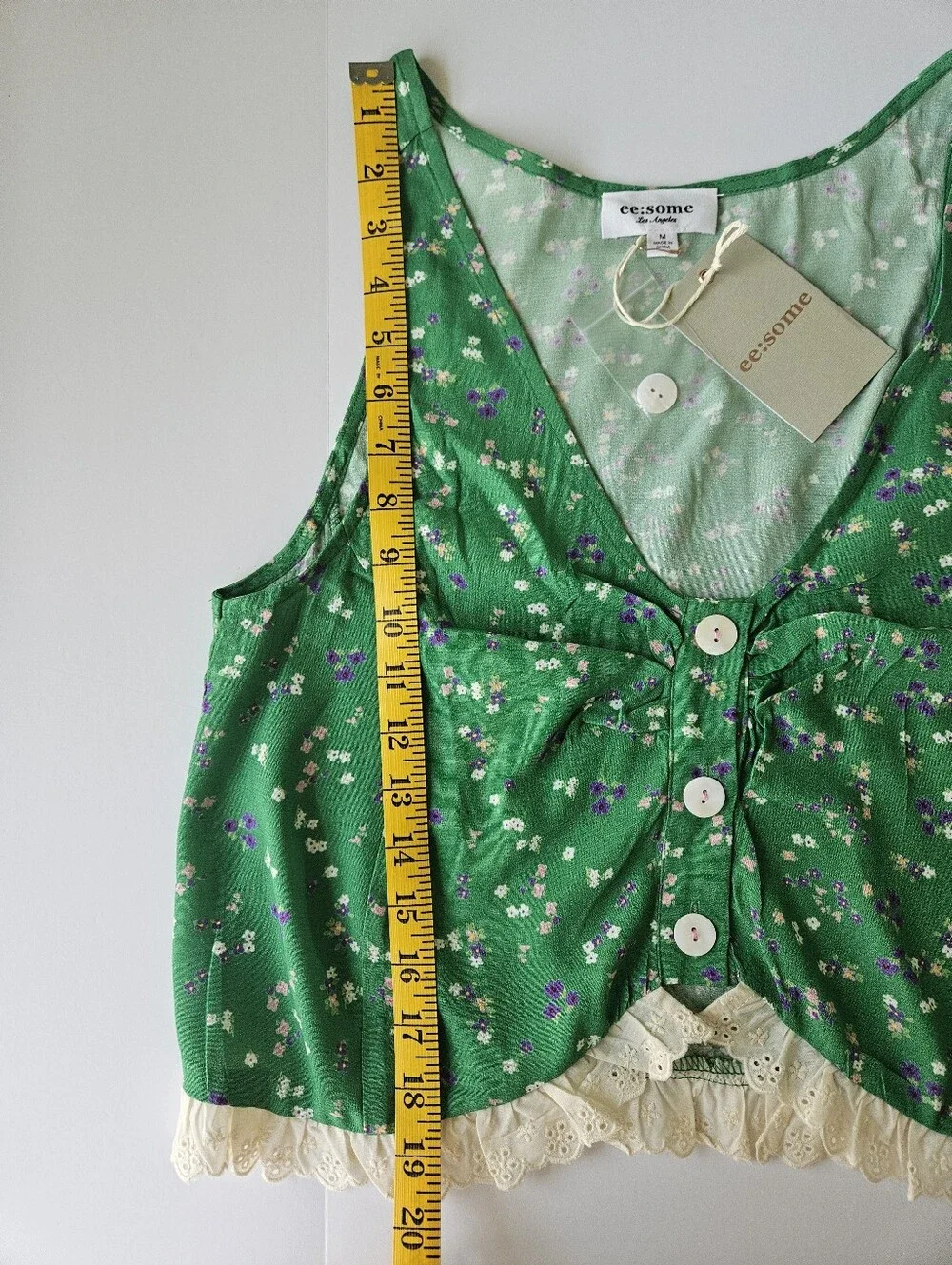 ee:some Floral 2 Piece Set Medium Green Tank Top Shorts Lace Trim Cottagecore
